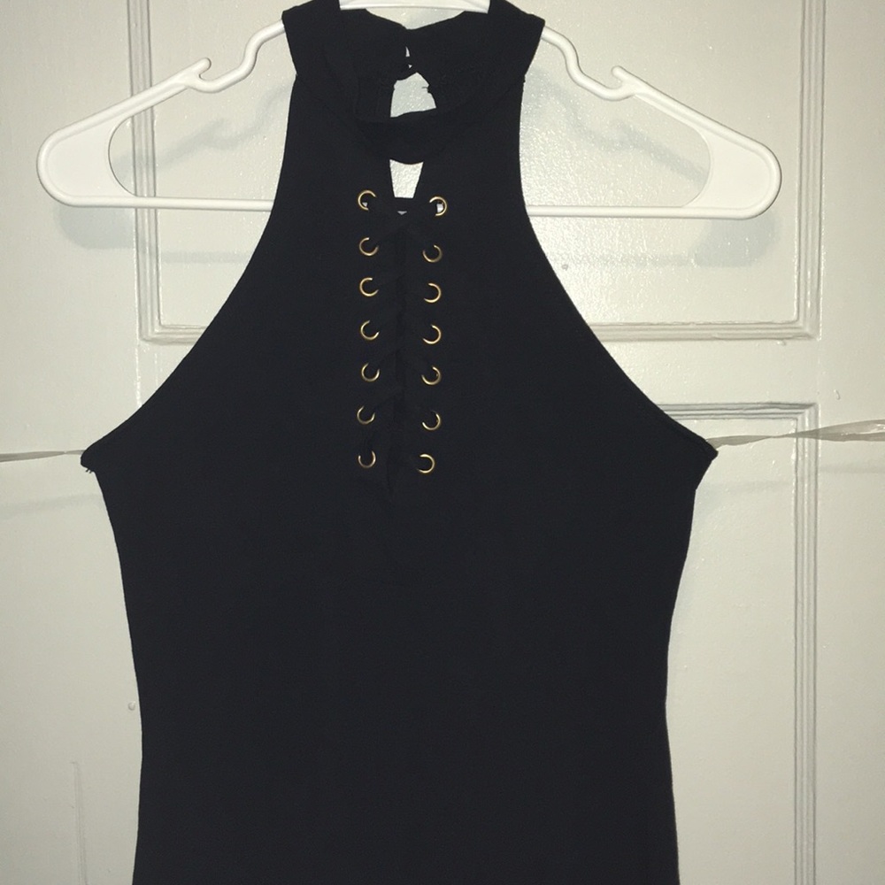 Black mock neck lace up detail dress 💋